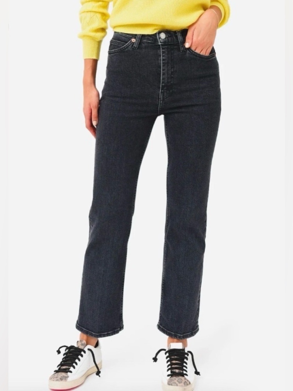 RE/DONE 70s Stove Pipe Jeans Size 26 Stoned Noir Black High Rise Raw Hem